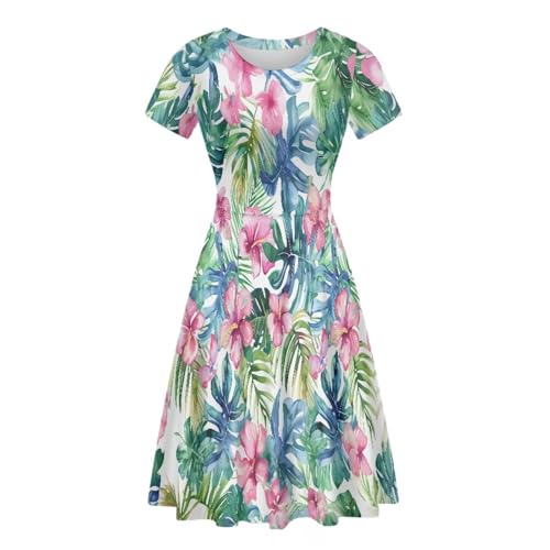 Image of HUGS IDEA Womens Puffy Swing Midi Dress Round Neck Short Sleeve Party A-Line Dresses