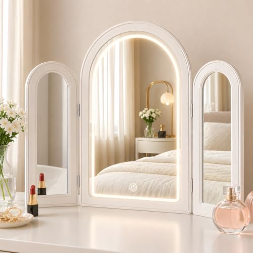 Trifold Vanity Mirror with LED Lights 30Hx37W 3 Way Large Makeup Mirror for Tabletop or Wall Mount Arched Decorative Cosmetic Mirror Countertop Mirror Smart Touch 3 Colors Dimmable Wood Frame