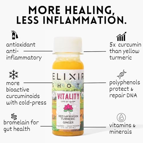 Elixir Shots, Vitality Immunity Wellness Shot with 100% Organic Ingredients, Cold-Pressed Red Hawaiian Turmeric, Peruvian Ginger, Pineapple and Black Pepper, No Sugar or Artificial Additives, 12 Pack
