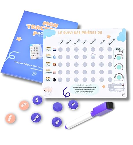 Cadeau islam Enfant – Tracker de Prière Islamique de 30×25cm en vinyle souple, 5 Prières sur 7 jours – Collable sur Mur Frigo Vitre, 10 Pastilles...