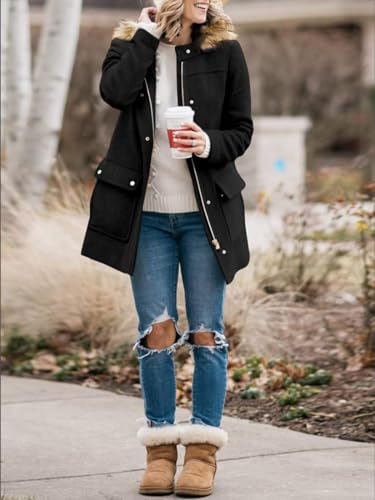 Shanfetl Womens Coats Fall Winter Warm Mid Length Pea Coats Elegant Jackets Outwear with Faux Fur Hood3