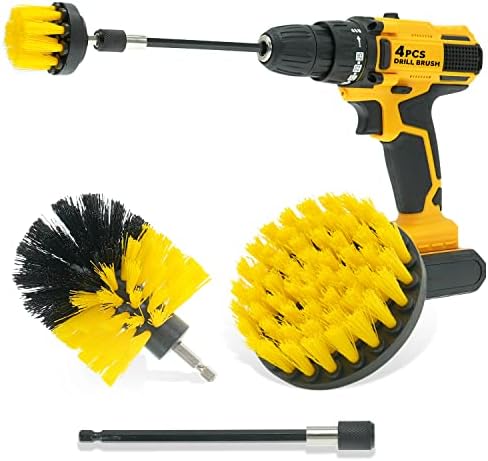 CLEAFOU 4 Pcs Drill Brush Attachment Set with Extend Attachment All Purpose Power Scrubber Brush Cleaning Kit for Bathroom Surfaces, Grout, Floor, Tub, Shower, Tile, Kitchen and Car, Yellow