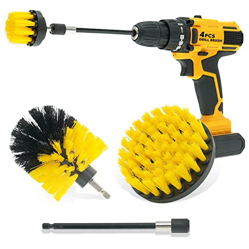 Cleafou 4 Pcs Drill Brush Attachment Set With Extend Attachment All Purpose Power Scrubber Brush Cleaning Kit For Bathroom Surfaces, Grout, Floor, Tub, Shower, Tile, Kitchen And Car, Yellow #TOP3