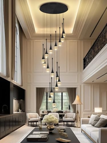 ykolupty Modern Crystal Chandeliers LED Dimmable Stairwell Chandelier Black Teardrop Chandelier Large Pendant Light for Entryway Foyer Living Room