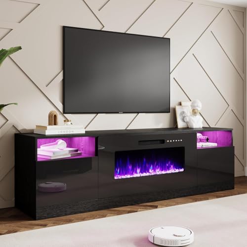 Image of AMERLIFE 80 inch Fireplace TV Stand for TVs up to 90 inch, Modern TV Console with 40 inch Electric Fireplace & High Gloss Storage Cabinets, Media Entertainment Center with 12 Colors LED Lights, Black