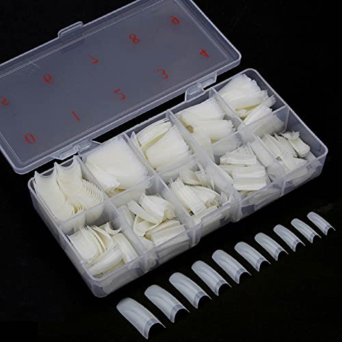 500 PCS Acrylic False Nail Tips, French Nail Tip Short Nail Tips Half Cover Artificial False Nails Half Cover Tips 10 Sizes with Storage Case for Nail Salons DIY Nail Artoxes