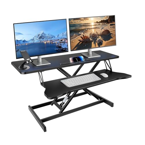 Yaong Gauo Poste de Travail Réglable en Hauteur 80x40 cm Assis-Debout Bureau Reglable Pneumatique - Convertisseur 32" pour Deux Moniteurs avec Plateau Clavier,avec Telefonständer