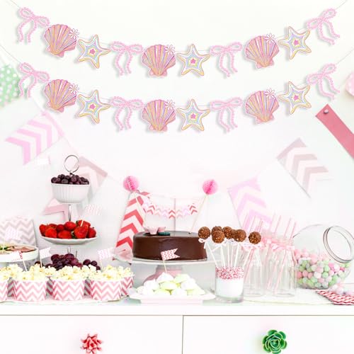 Image of Oudain 2 Pack Pink Bow Seashell Garland for Girl 6.56 ft Pink Mermaid Seashell Party Coquette Ocean Coastal Beach Under The Sea Paper Bow Hanging Banner for Baby Shower Wedding Summer Birthday