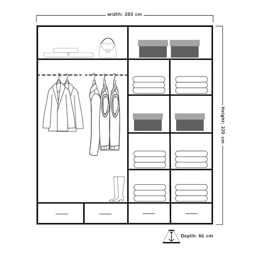 MN Furniture Sudenia High Gloss 2 & 3 Sliding Doors Wardrobe with Mirror, Drawers Cabinet with Storage Cabinets Hanging Rails Art Decor Closet in White, Black and Grey (Grey, 203cm)