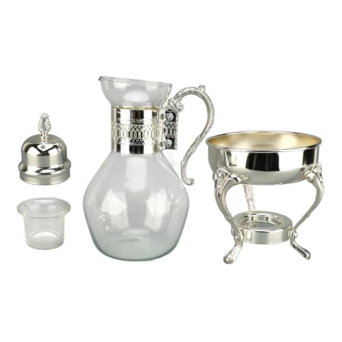 Sunicon Vintage Turkish Teapot, Glass Coffee Pot Set Heatable Water Pitcher with Lid and Cup for Home and Office Use (Silver)