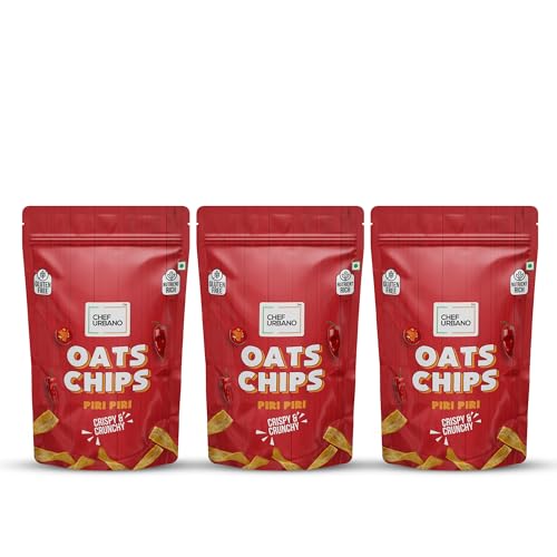 Chef Urbano Oats Chips Piri Piri 85g Pack of 3 | Gluten Free | Vegan | Low GI | Crunchy Healthy Snacks | High Protein and Fiber Rich | Good for Diet | Good for Kids