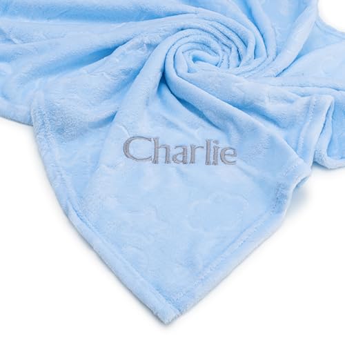 Lobeko Personalised Baby Blanket with Name Custom Newborn Blanket Keepsake Soft Fleece 75 x 100cm Embroidered Baby Wrap Embossed Baby Girl Boy Blankets 4 Colours (Blue)