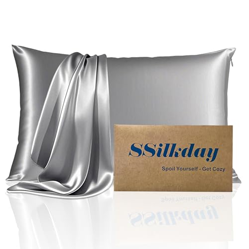 Mulberry Silk Pillow Cases with Zipper, Ultra Smooth Breathable Cooling Pillow Cases for Hot Sleepers, Silk Satin Pillowcase for Hair and Skin, Gifts for Women (Silver Grey, Standard Size, 1 Pack)