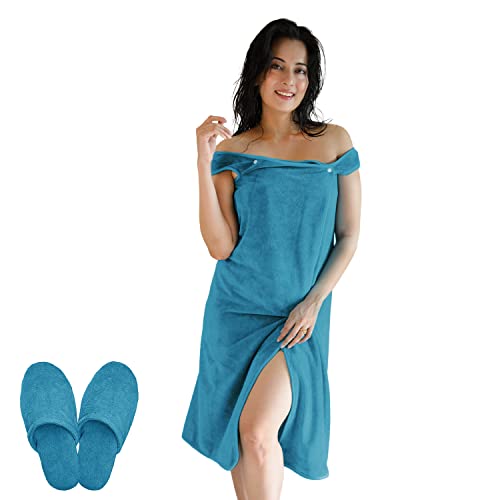 Image of Sassoon Venir Microfiber Bath Wrap Towel with Slippers for Women (Pack of 1) - Peacock Color