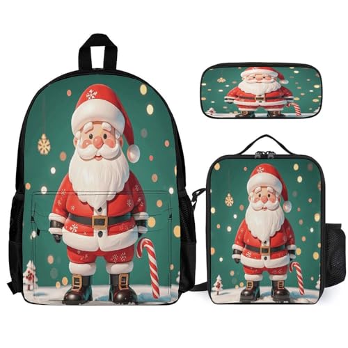 3-in-1 Backpack Combination Set Father Christmas Print 3Pcs Backpack Sets Travel Daypack with Lunch Bag And Cosmetic Bag