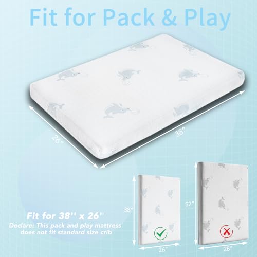 Image of Pack and Play Mattress, Dual-Sided 38x26 inch Memory Foam Crib Mattress Pad for Infant & Toddler, Playpen Mattresses Topper with Washable Cover, Fits Most Pack N Play