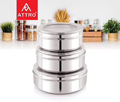 Image of Attro Stainless Steel Puri Dabba with See Through Lid, Flat Canisters, Food Storage Containers, Roti, Paratha, khakhra, Thepla, Big (1100ml), Medium (900 ml), Small (700ml) - Set of 3