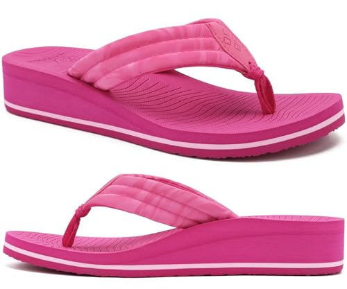 COFACE Women’s Flip Flops with Comfortable Arch Support Ladies Dressy Lightweight Wedge Flip-Flops Summer Soft Yoga Mat Platform Thong Sandals for Beach, Hot Pink Size 7