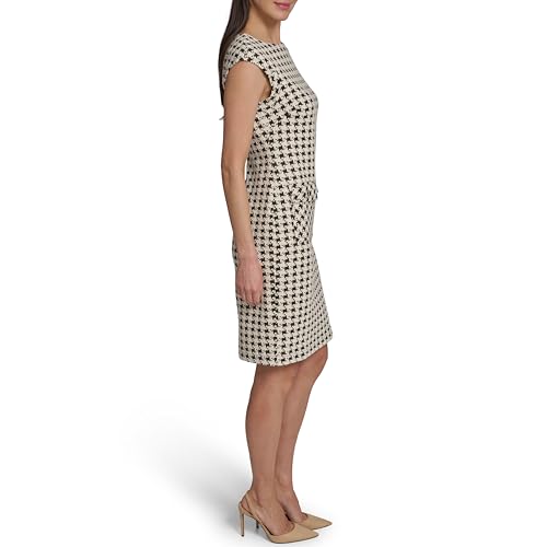Image of Tommy Hilfiger Women's Cap Sleeve Crew Neck Two Hip Pockets Pixelated Houndstooth Sheath Dress