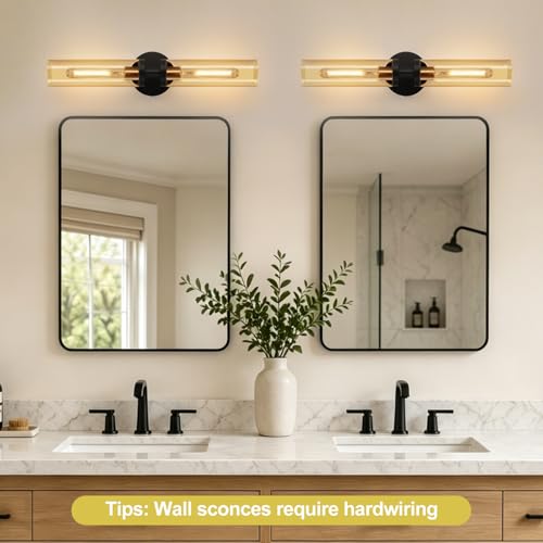 Image of Indoi Wall Sconces Set of Two, Hardwired Black and Gold Bathroom Sconces Wall Lights with Amber Glass, Modern Sconces Wall Decor Set of 2 Vanity Light fixtures for Bathroom Mirror Living Room