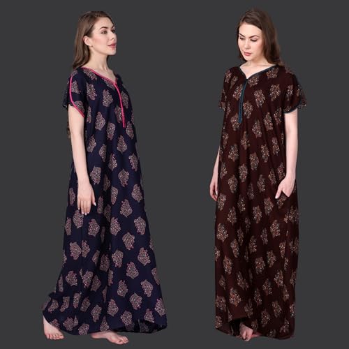 Image of Women's Alpine Botanical Leaves Print Maxi Nightgown with Pocket