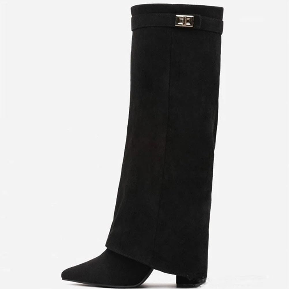 Stiefel Damen Fold Over Boots Spitzer Zehenbereich Plateauabsatz Langschaft Knee High Boots Winter Warme Stiefeletten