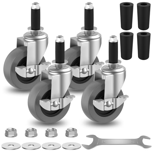 3 Inch Expanding Stem Caster Wheels Set of 4 with Side Brake, Heavy Duty Metro Shelving Replacement Wheels Fit 3/4