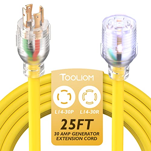 TOOLIOM 30 Amp Generator Cord, L14-30P/L14-30R Generator Extension Cord, UL Listed Heavy Duty Generator Power Cord 125/250V 7500W 10 AWG SJTW RV Extension Cord with Lighted Power Indicator (25FT)