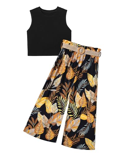 BAVADER Ropa para niñas de 7 a 14 años, camiseta corta sin mangas + pantalones plisados de pierna ancha para niñas, trajes de verano de 2 piezas, Negro + estampado tropical, 13-14 años