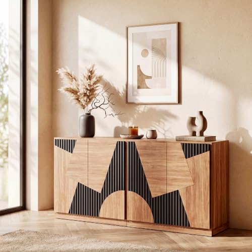 Image of BELLEZE 66 inch Modular Sideboard Buffet Cabinet - Camel & Espresso Black