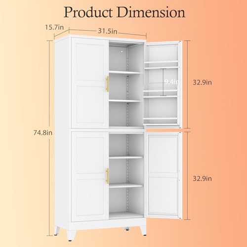 Image of White Pantry Storage Cabinet, 75 inch Kitchen Pantry with Doors and 3 Adjustable Shelves, Metal Freestanding Buffet Cupboards Sideboard, for Office, Home, Garage, School