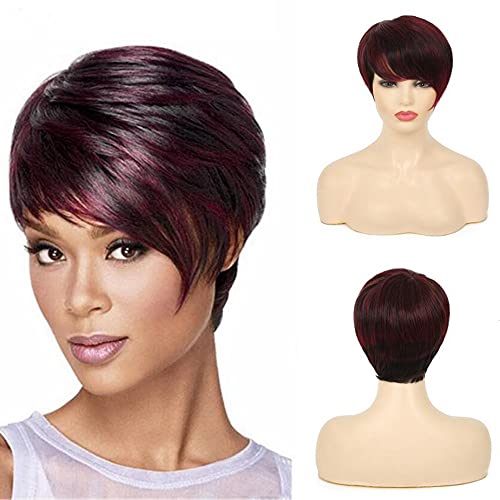 Dai Cloud Half Black Half White Wig with Bangs Long Wavy Women Costume Wigs Heat Resistant Lolita Cosplay Wig for Christmas Halloween Party (wine red)