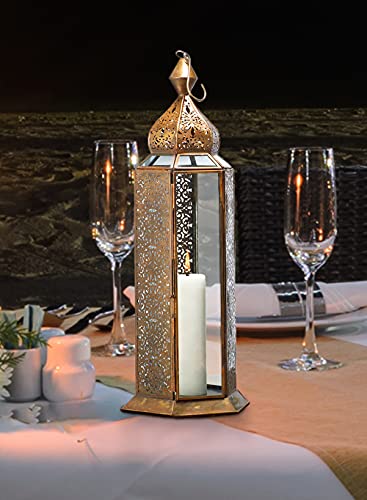 Serene Spaces Living Antique Bronze Decorative Metal Lantern, Scrollwork Pattern Candleholder Lantern, Bronze Lantern Centerpiece For Wedding, Holiday, Event, Measures 5.75" Diameter * 16" Tall #TOP2
