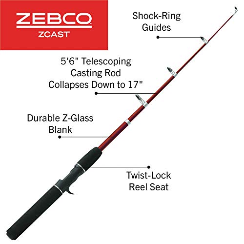 Zebco Z-Cast Casting Fishing Rod, Extendable 17-Inches to 5-Foot 6-Inch Telescopic Durable Z-Glass Fishing Pole, Comfortable EVA Rod Handle, Shock-Ring Guides, Medium Power, Red by Zebco - Image 2