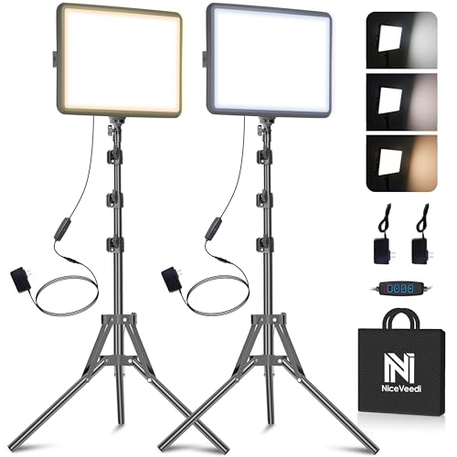 Lot de 2 Kits d'éclairage Vidéo Panneau LED 22 W, Lumière de Studio à Intensité Variable 2900-7000 K avec Trépied et Chargeur, Lumière pour Enregistrement Vidéo, Prise de Vue, Youtube