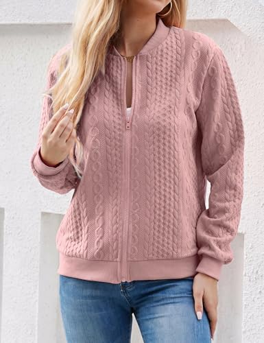 Image of WROLEM Women's Zip Up Cardigan Sweater Cable Hoodies Long Sleeve Jacket Outfits Crewneck Casual Coat