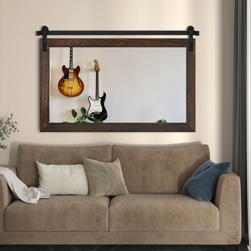 Image of COGOOD Farmhouse Bathroom Mirror - 41 inch x 30 inch Rustic Barn Door Mirror for Living Room, Entryway, Bedroom, Vanity Wall Decor (Black Brown)