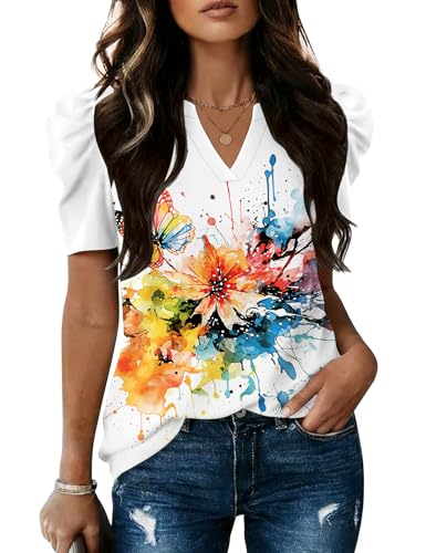 Image of LOMON Spring Summer Tops for Women 2026 V Neck Puff Short Sleeve Tops Fashion Trendy Work Blouses Dressy Casual S-XXL