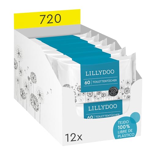 Toallitas húmedas WC LILLYDOO, 720 toallitas (12 x 60), toallitas libres de plástico y desechables, sin perfumes