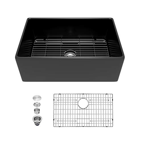 Black Fireclay Framhouse Kitchen Sink- Mocoloo 30"x20"x10" Inch Flat Apron Front Zero-radius Porcelain Farm sink Single 10" Deep Basin Offset Drain With Protective Stainless Gird and Strainer