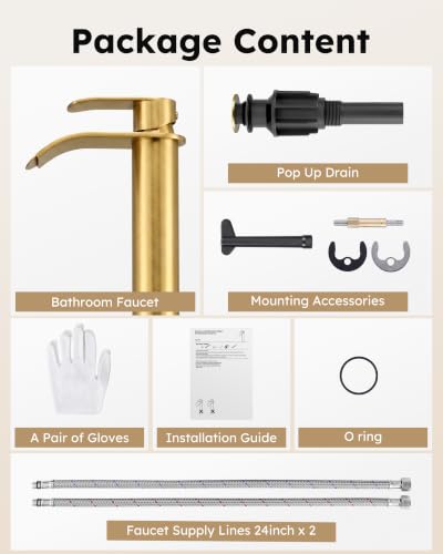 Vessel Sink Faucet Gold for Bathroom:WOWOW Single Handle Tall Bathroom Faucet - Waterfall Single Hole Mixer Bar Tap with Large Rectangular Spout, Deck Mount Lavatory Vanity with Pop Up Drain - image 8