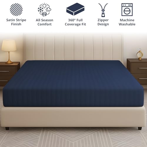 Image of Cloth Fusion Glace Cotton Mattress Cover King Size with Zipper (75x72 inches, Navy)