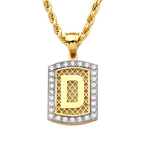 Lovebling 10K Yellow Gold Dog Tag Initials Charm Pendant W/Cz Border (Available From A-Z) (D) #TOP7
