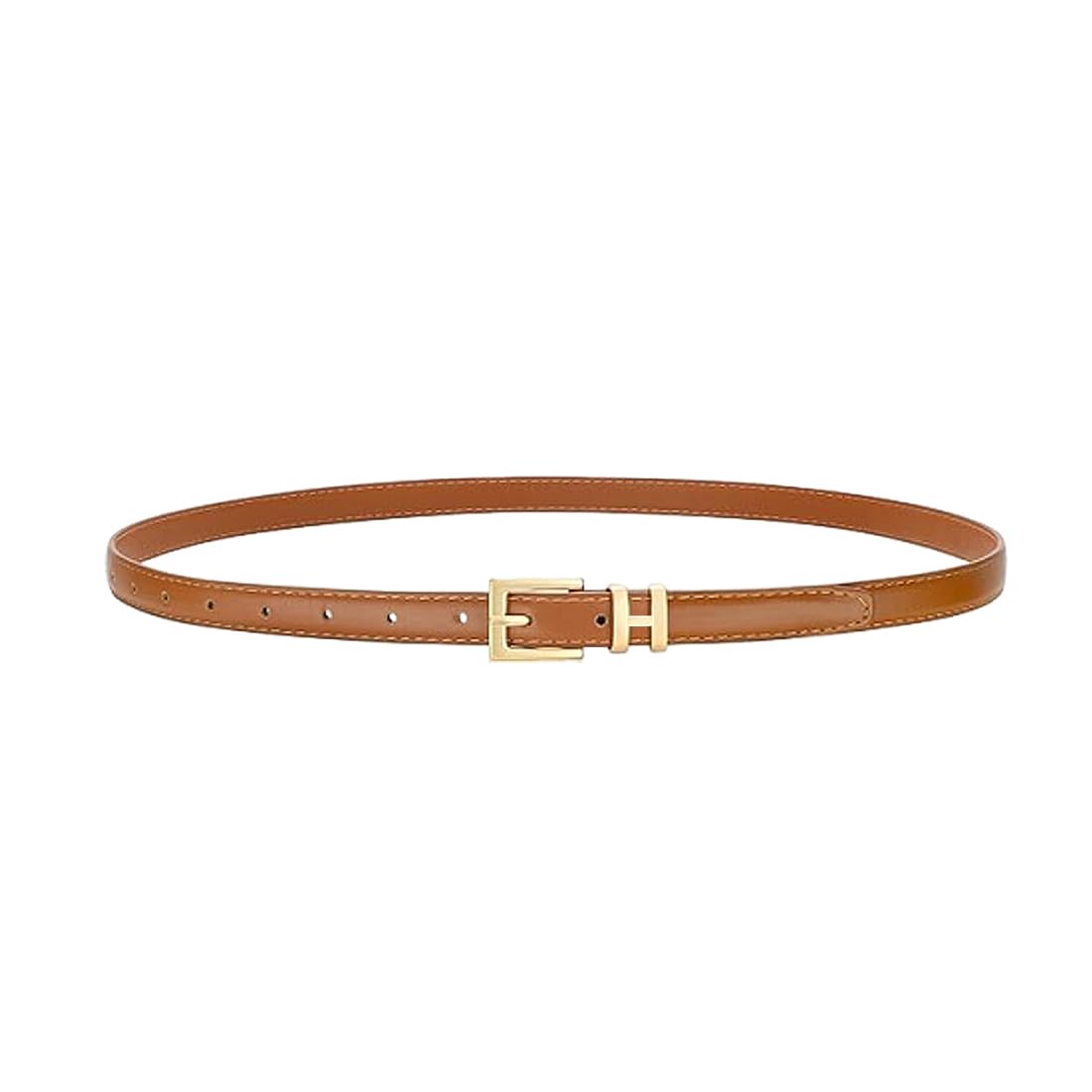 Meeqee Women's Caramel Skinny Leather Belt Metal Buckle Adjustable Belts Slim Thin Waist Belt Vintage Waistband For Jeans Dresses Trousers Coat (, One Size)