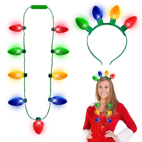 EKKONG Collar de Navidad LED, collar de bombillas, cadena de luces navideñas, collar de fiesta de vacaciones, collares de Navidad con 9 bombillas y diadema accesorios para fiestas, no, Plástico, Sin