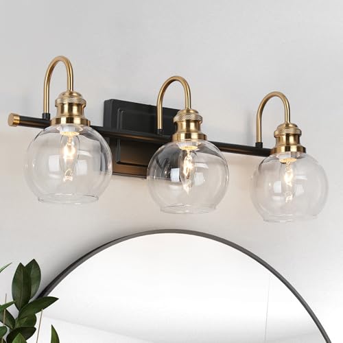 Image of KSANA Black Gold Vanity Light, Modern 3-Light Bathroom Light Fixture with Clear Glass Globes, Electroplating Brass 22 inchL Vanity Lighting Over Mirror