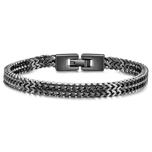 JSNOM Bracelet pour homme en acier inoxydable : Bracelets de poignet à double maille Franco avec fermoir en acier inoxydable, bracelets à maillons noir, argent, or...