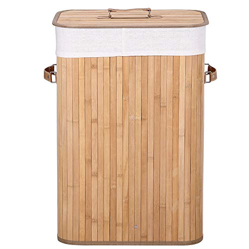 BAKAJI Cesta de lavandería sucia para casa de madera de bambú y tela, caja plegable, ahorro de espacio con tapa y asas, capacidad 70 l, dimensiones 40 x 30 x 60 cm (natural) - imagen 5