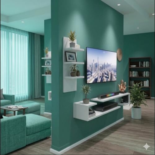 Image of Bros Moon Wall Mounted TV Cabinet, L-Shape, Choco White, MDF, Modern Style, Laminated Finish, for Living Room, Suits TV up to 55 Inches (Frosty White, Dual J 36 Inches Base)