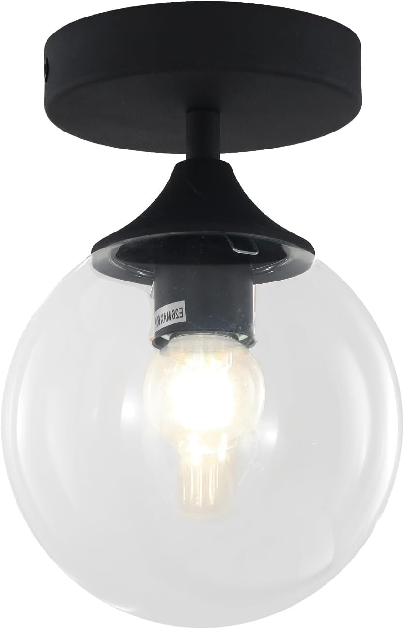 Modern Globe Ceiling Light, Black and Clear Glass, Semi-Flush Mount, 12cm x 20cm, E27 Socket-image-35